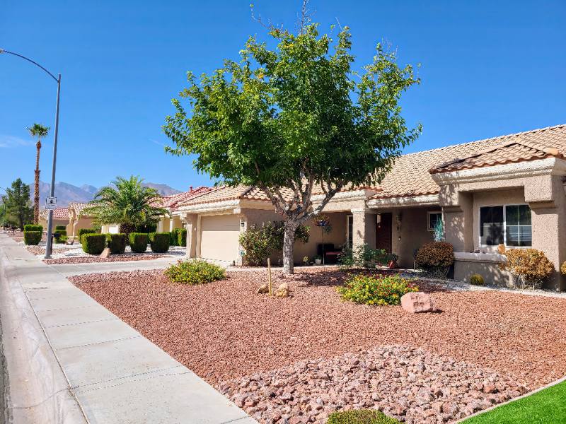 Desert home with tan stucco exterior, large tree in front yard, red rock landscaping