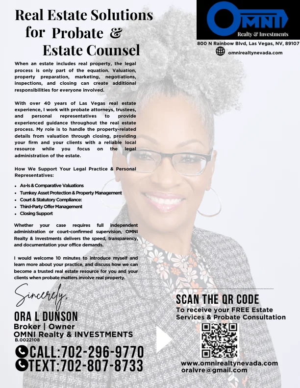 Real Estate Solutions for Probate and Estate Counsel flyer with Ora L Dunson contact information