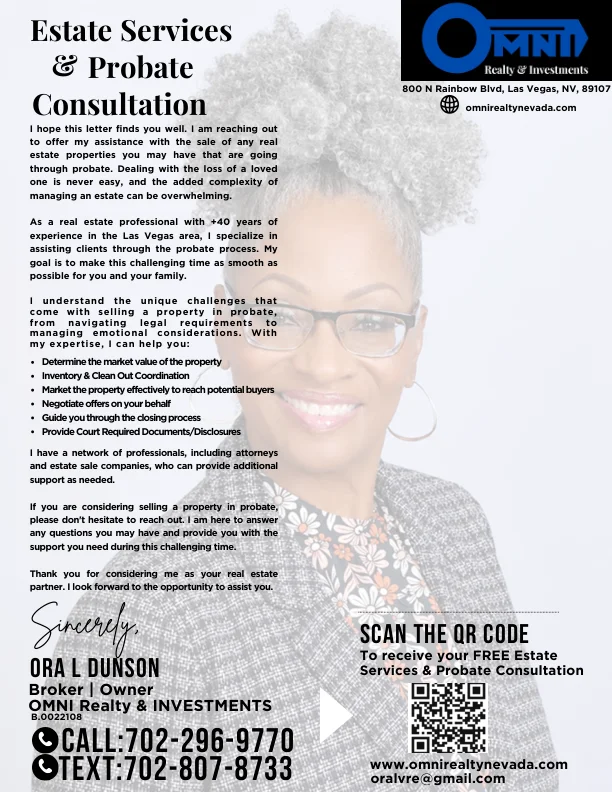 Estate Services & Probate Consultation flyer by Ora L Dunson, Broker Owner at OMNI Realty & Investments in Las Vegas