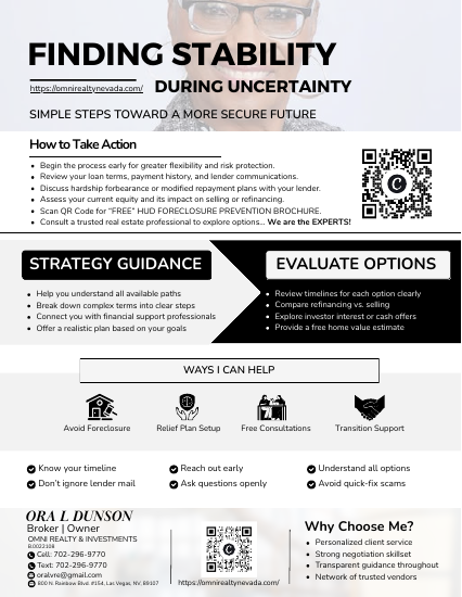 Infographic about financial stability guidance with strategy steps, service options, and contact information for Ora Dunson