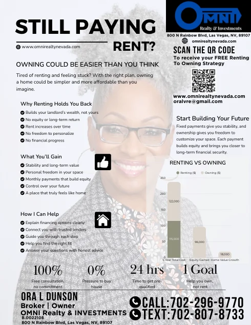 Real estate marketing flyer for Omni Realty Nevada promoting home ownership over renting with contact information